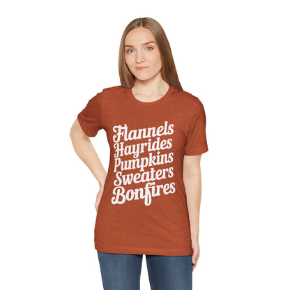 Flannels, Hayrides, Pumpkins, Sweaters & Bonfires Fall Thanksgiving Graphic Tee Shirt