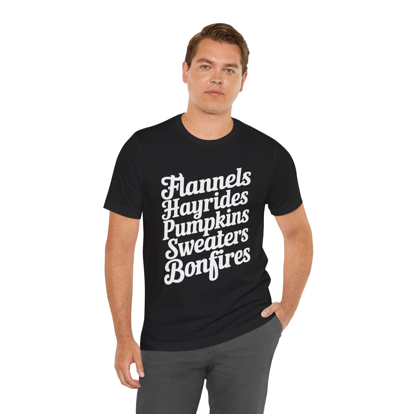 Flannels, Hayrides, Pumpkins, Sweaters & Bonfires Fall Thanksgiving Graphic Tee Shirt