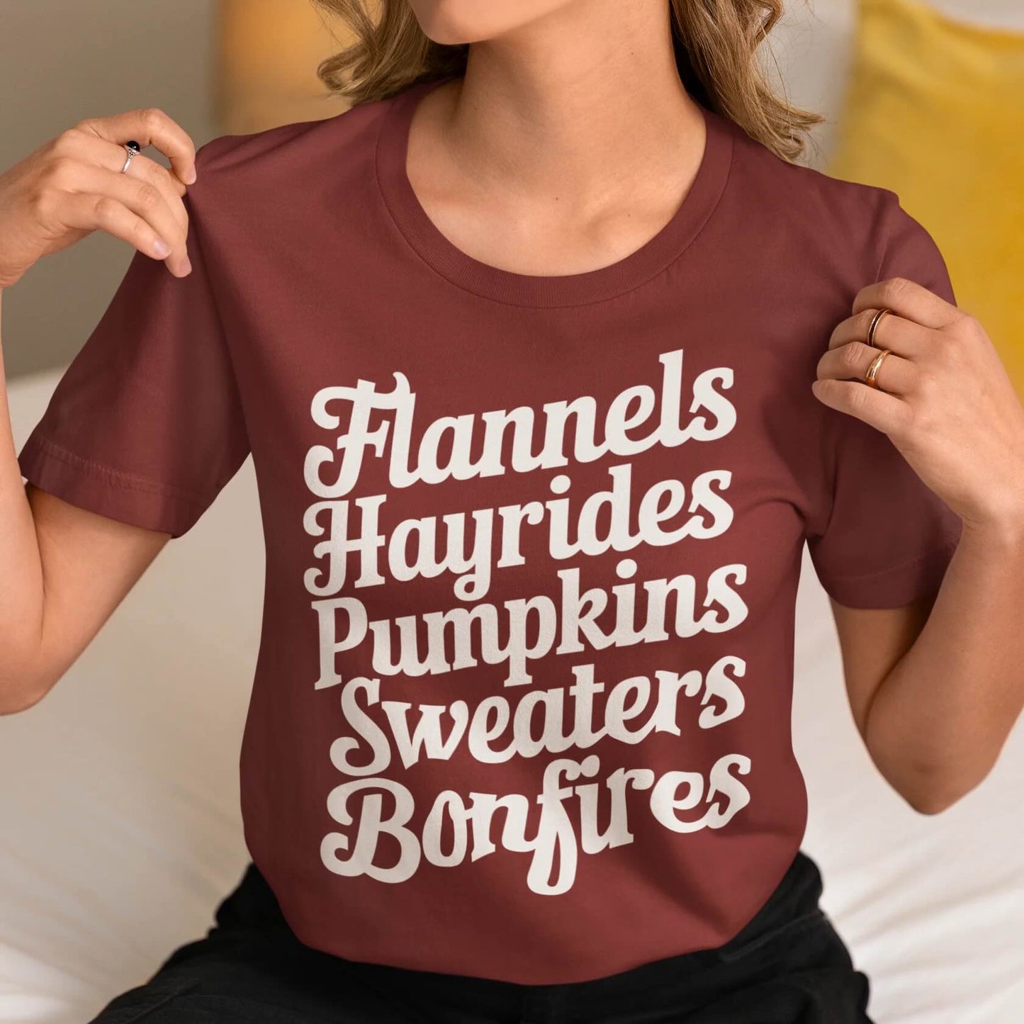 Flannels, Hayrides, Pumpkins, Sweaters & Bonfires Fall Thanksgiving Graphic Tee Shirt