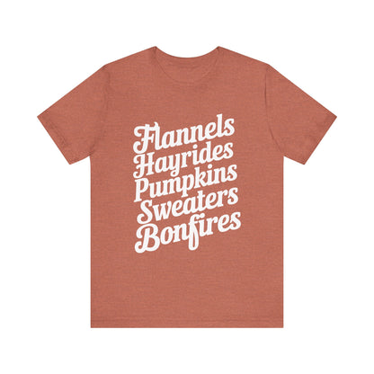 Flannels, Hayrides, Pumpkins, Sweaters & Bonfires Fall Thanksgiving Graphic Tee Shirt