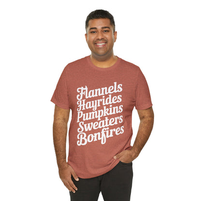 Flannels, Hayrides, Pumpkins, Sweaters & Bonfires Fall Thanksgiving Graphic Tee Shirt